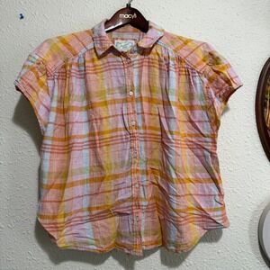 American Eagle women's linen blend Plaid Button Down Short‎ Sleeve Top M Pastel